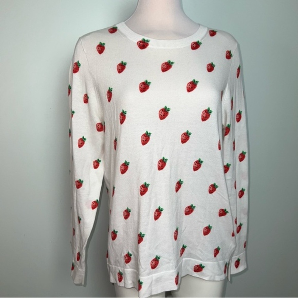 J. Crew Teddie Strawberry Print Cotton Sweater Cream Preppy Red Fruit Graphic L
